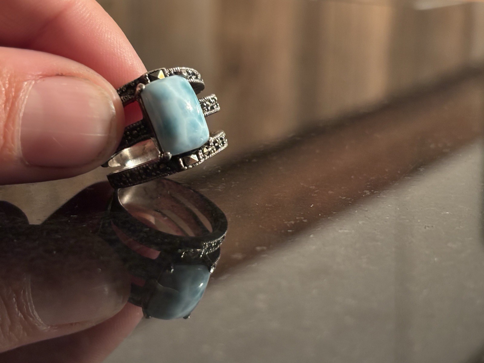 925 Sterling Silver Split Shank Band Ring Blue Larimar/Pectolite Marcasite sz 7