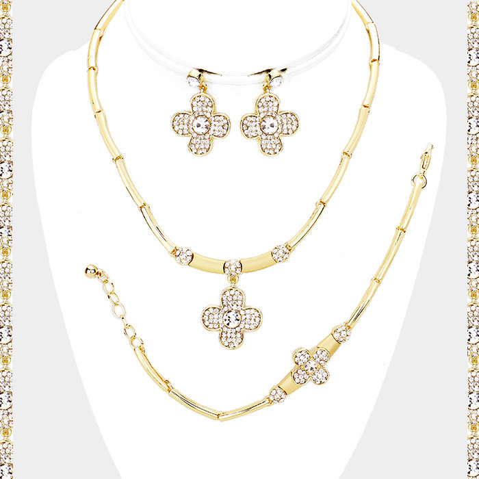 Crystal Rhinestone Evening Wedding Diamond Necklace Set Clover Luck Leaf Plant