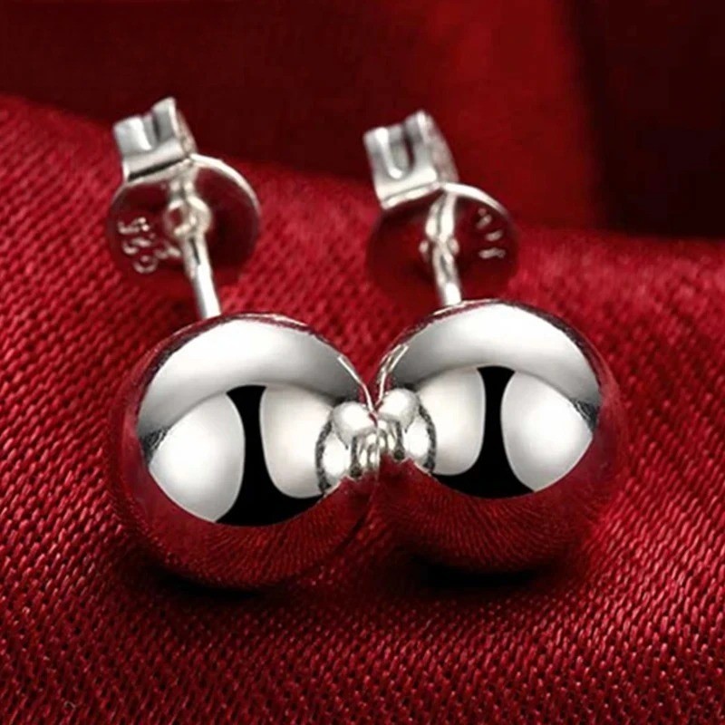 Cute 925 silver 10mm round smooth solid bead ball earrings for women