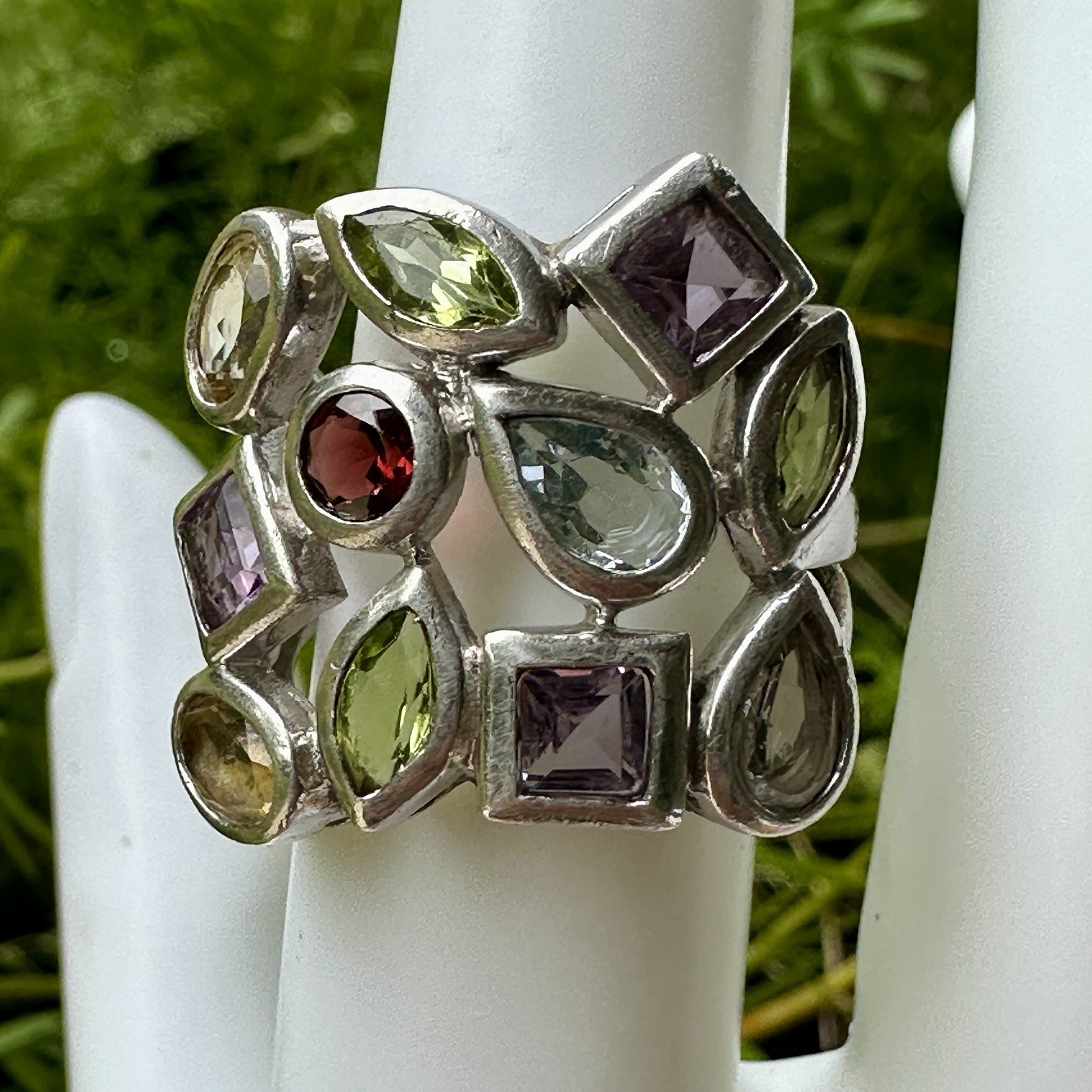 VTG ADI Statement Ring Size 6 Peridot Amethyst Garnet Gems 925 Sterling 9.1g