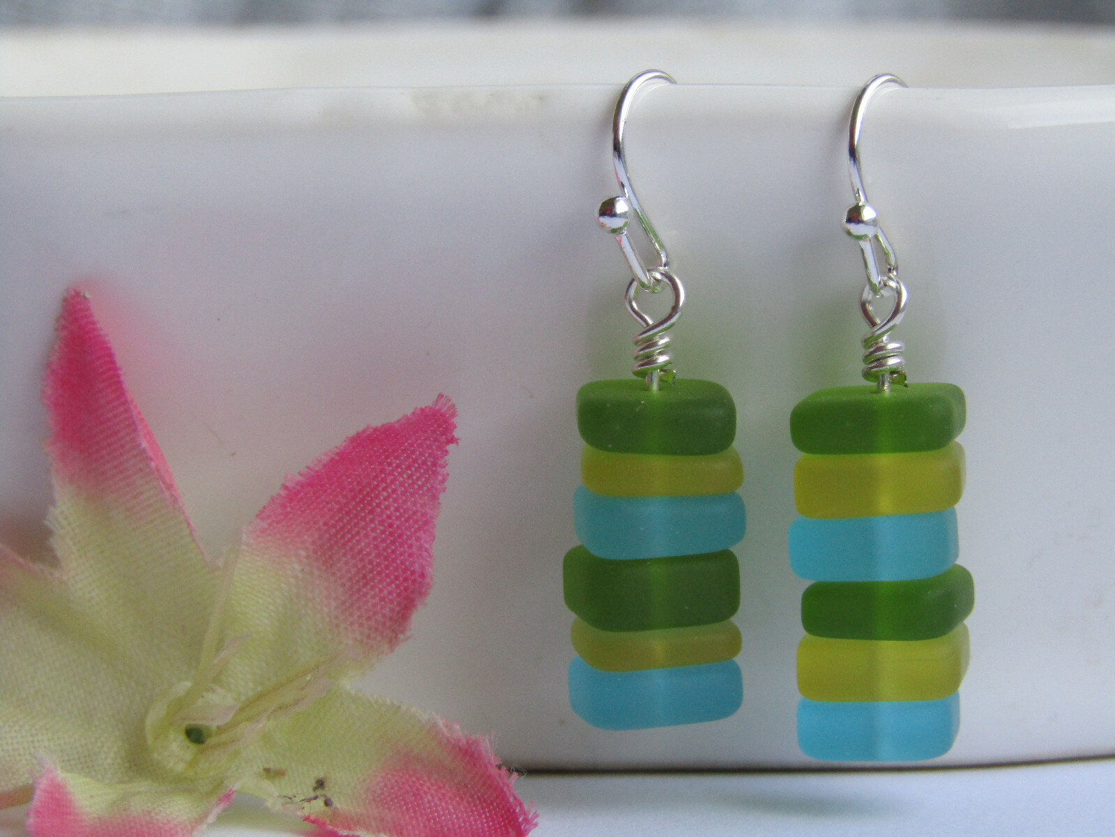 Stacked Green Blue Yellow SEA GLASS Earrings Silver, Artisan Handcrafted