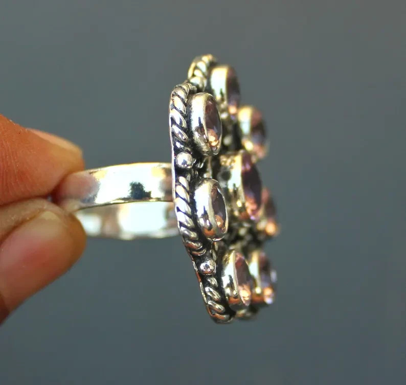 Pink Kunzite Floral Cluster Silver Ring | Vintage Statement Ring | Round Cut