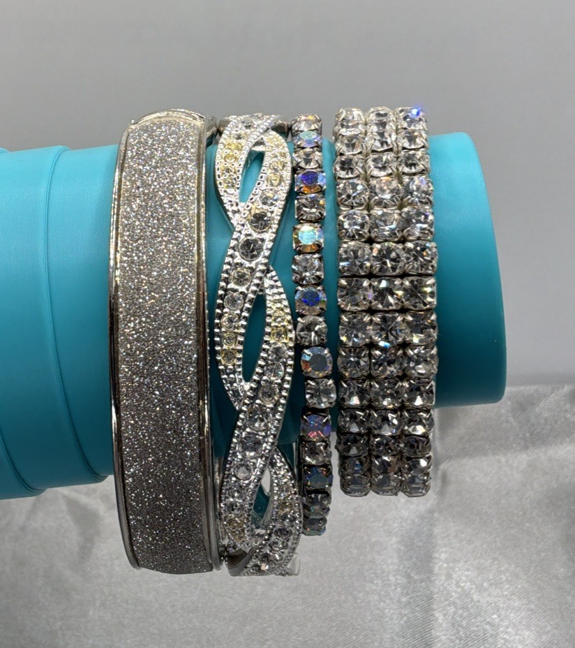 Silver Tone & Rhinestone Bracelets Clamp Stretch Sparkly AB Lot of 4!