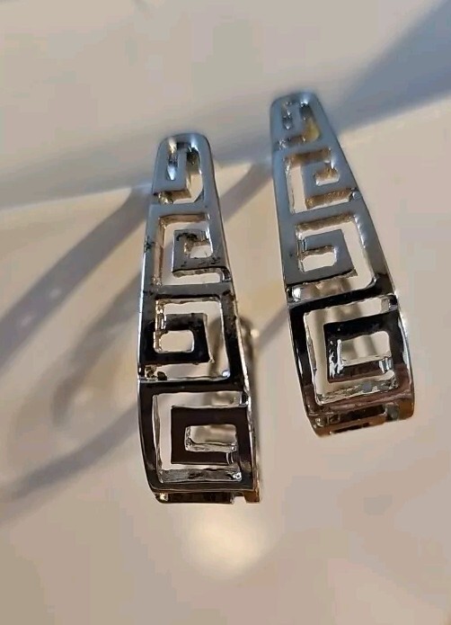 Women’s Silver Earrings Elongated Hoops Angular Cut Out Design 1.25″ Drop