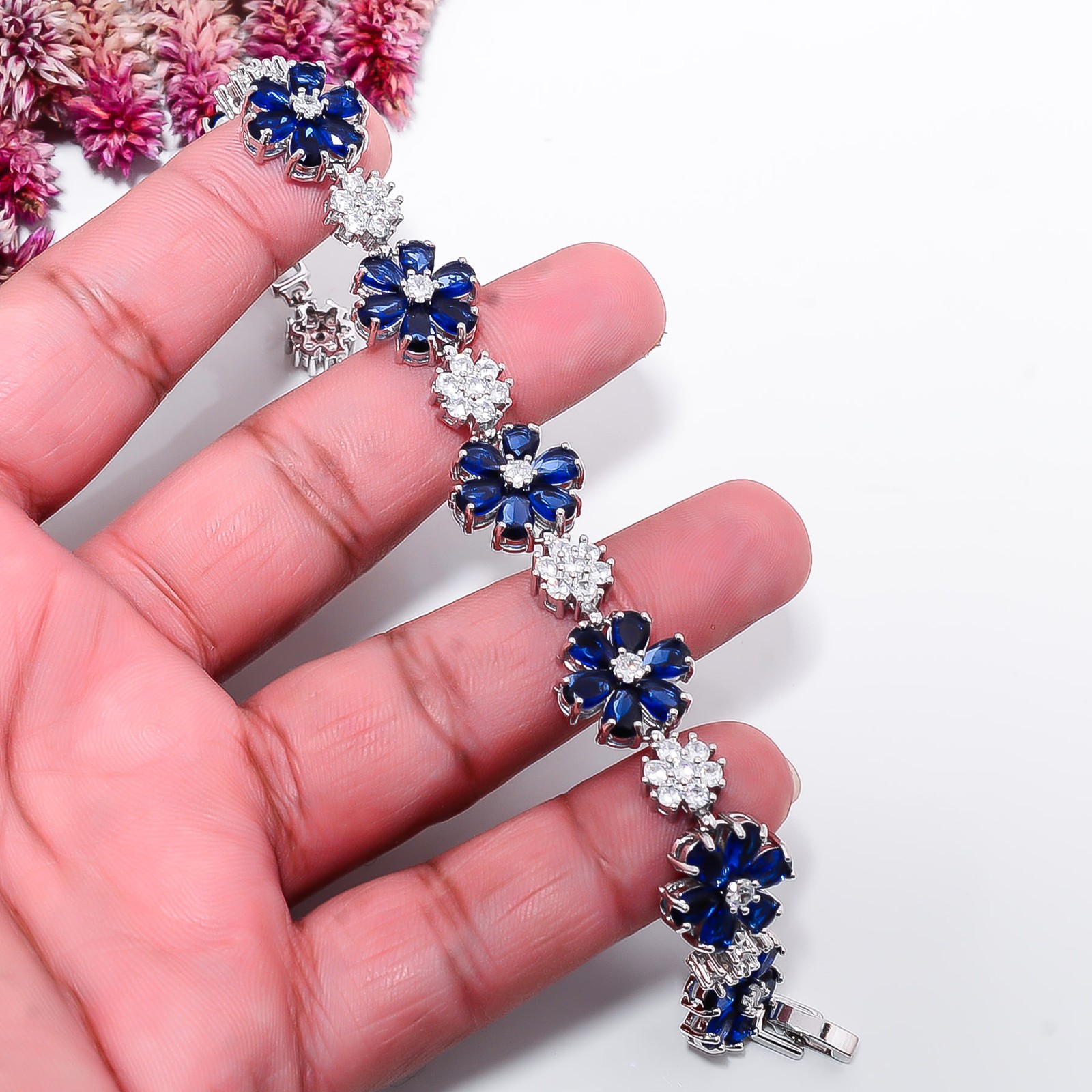 Blue Sapphire -Simulated, CZ 925 Sterling Silver Adjustable Bracelet 7-8″ B2628