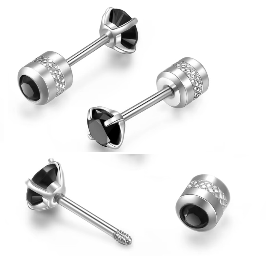 Women Men Silver Stainless Steel Round Black CZ Stud Earrings Screw Back Gift