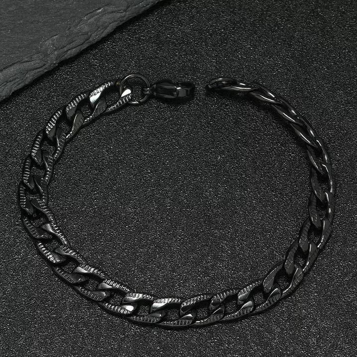 Black Textured Cuban Chain Bracelet Titanium Steel Lobster Clasp