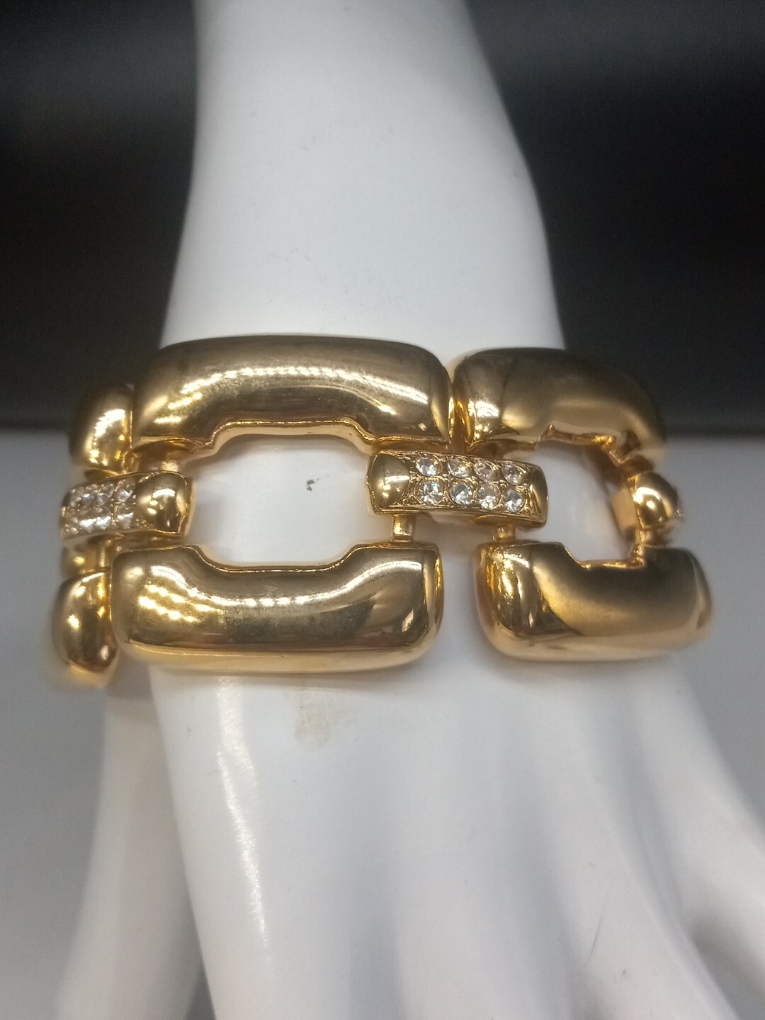 Rare BOLD ELEGANCE Gold Plated Crystals Wide Open Square Chain Link Bracelet