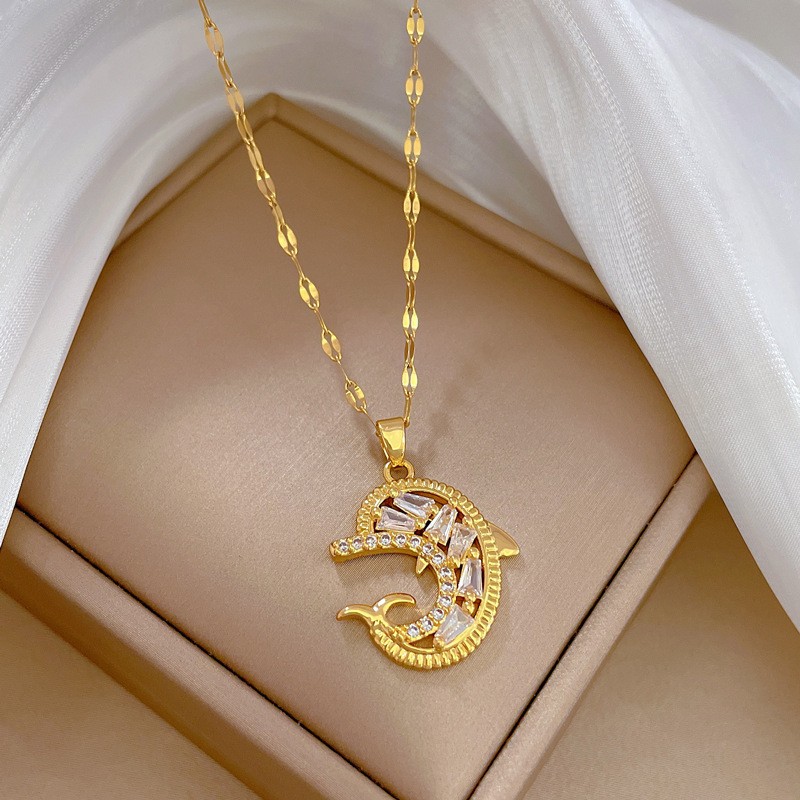 Zircon Dolphin Light-Luxury Gold Tone Crystal Style Fashion Necklace