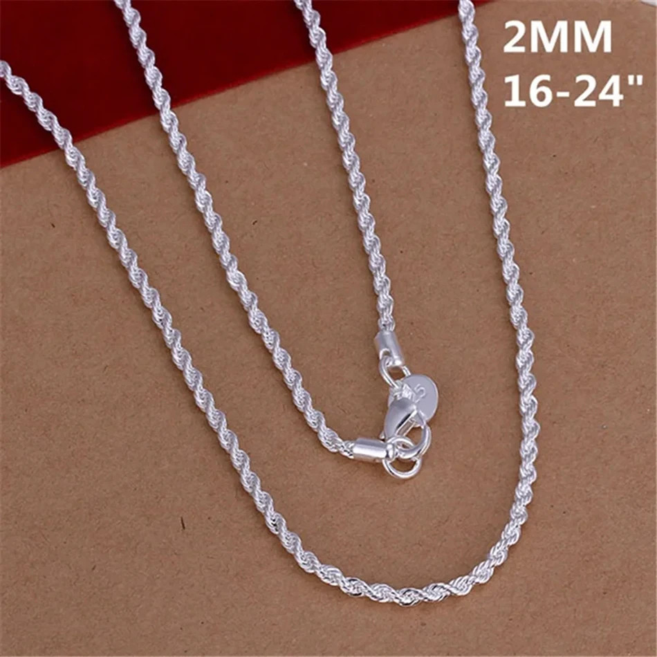 16-24INCHES 925 Sterling silver 2MM Rope Necklace Beautiful fashion Elegant for