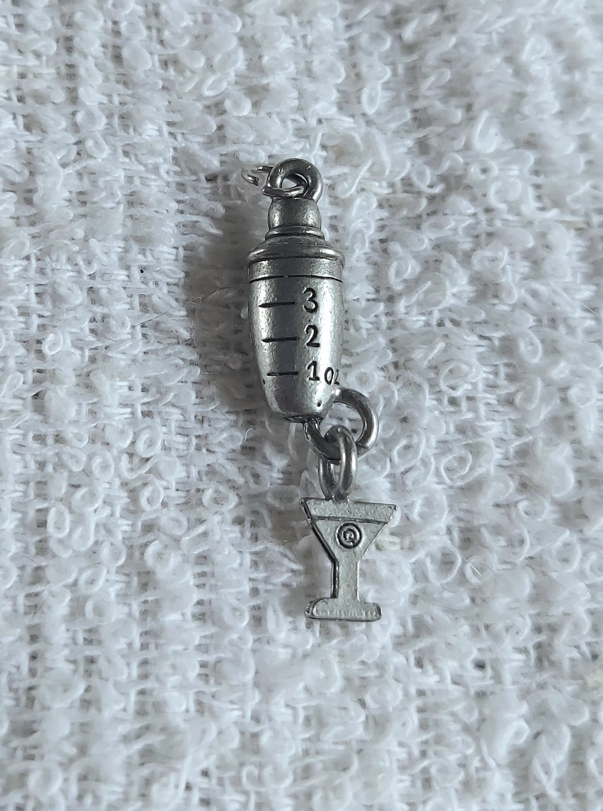 “Cocktail Shaker With Dangling Martini Glass” Pewter Charm New