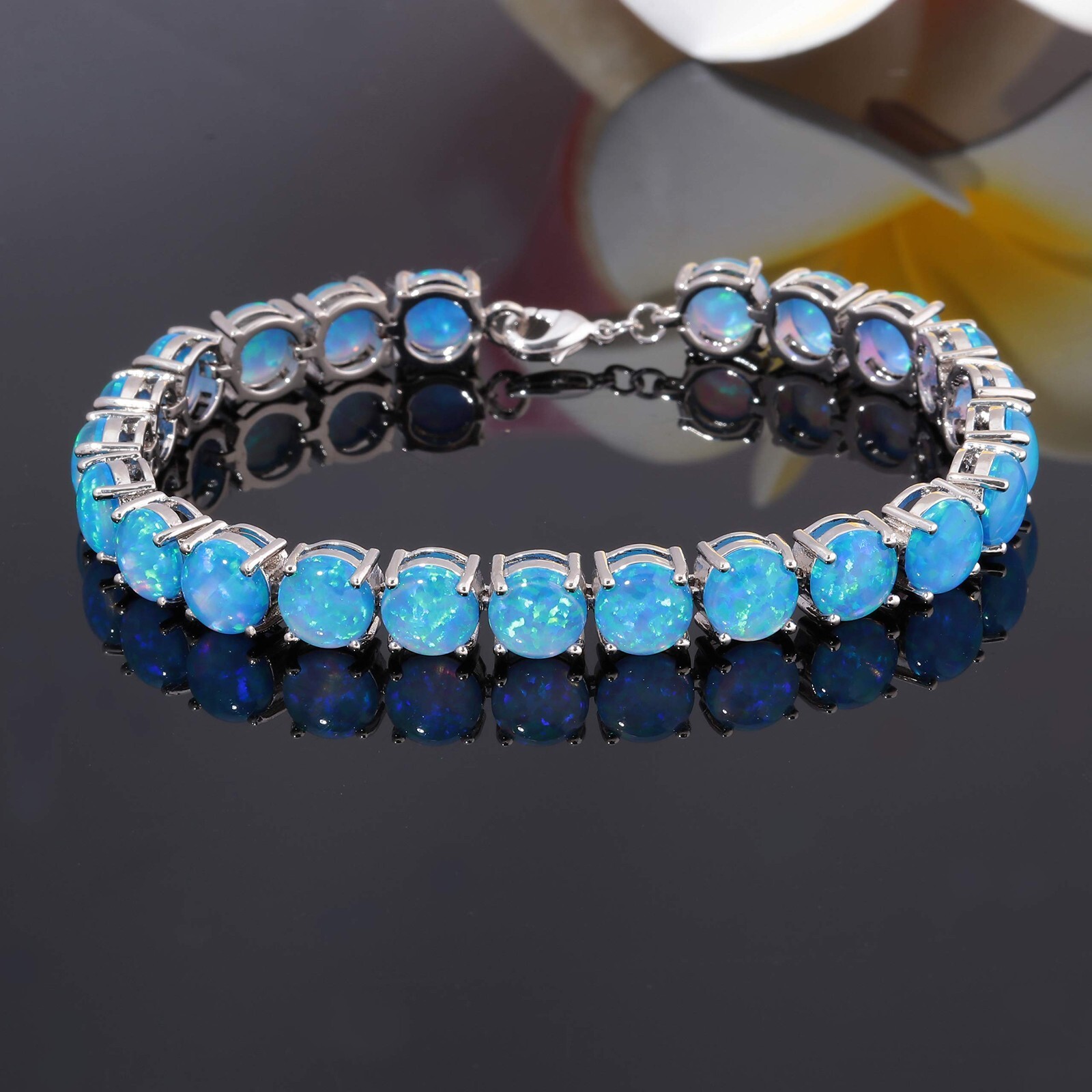 Vikoly Blue/White/Orange/Pink Round 925 Sterling Sliver Fire Opal Bracelet 18cm