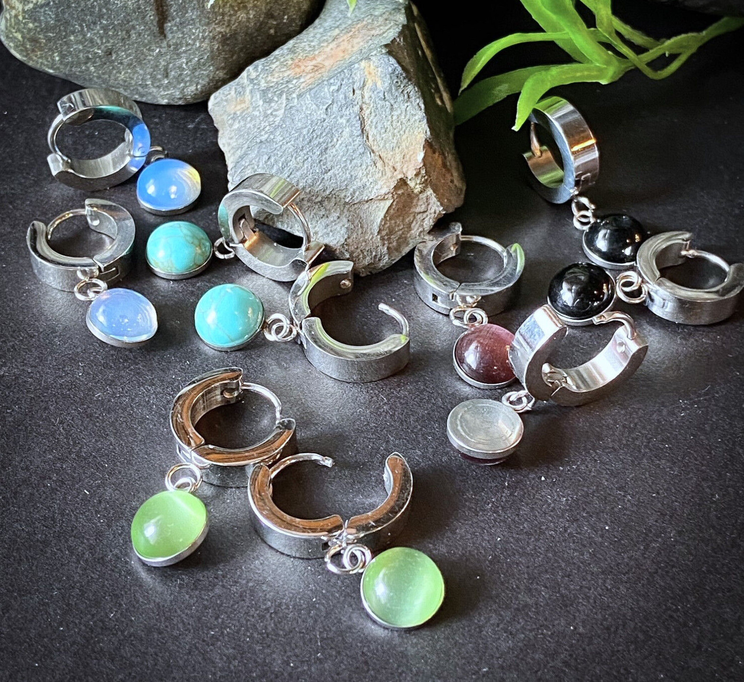 PAIR of Hinged Hoop Earrings Semi-Precious Stone Dangle 20g 316L Stainless Steel