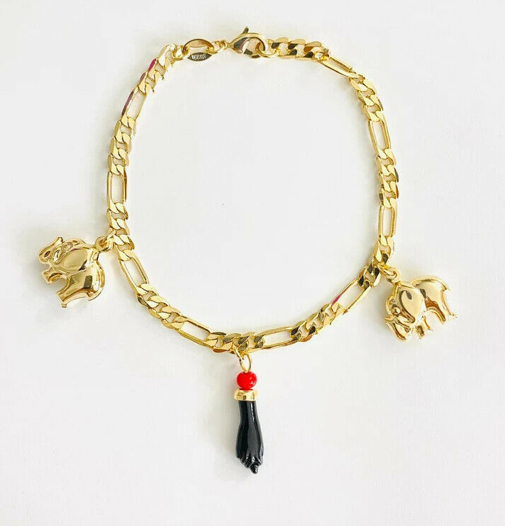 18K GOLD FILLED AZABACHE ELEPHANT ADULT BRACELET / PULSERA AZABACHE ADULTO-B142