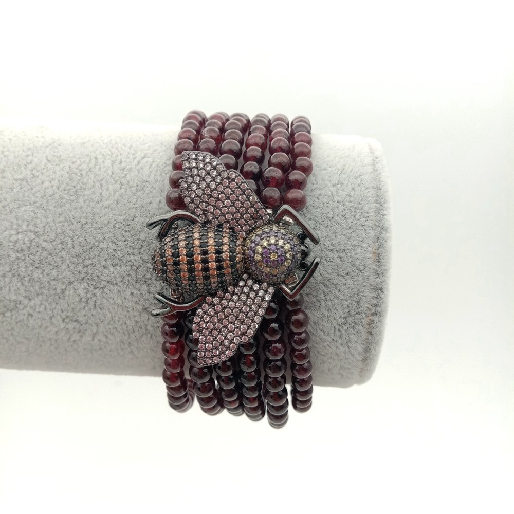 8″  6 Rows Natural Round Garnet Bracelet Cz pave Bee Connector