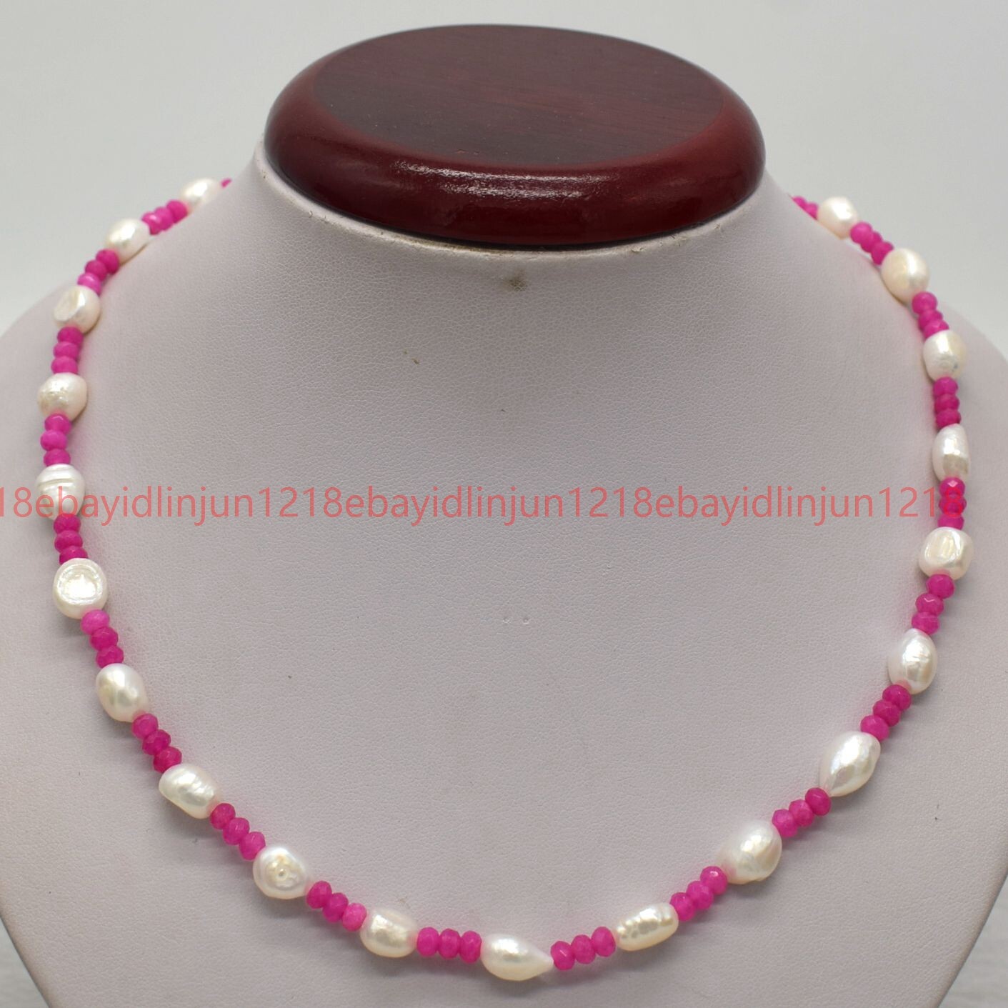 7-8mm White Freshwater Baroque Pearl 2x4mm Rose Red Jade Beads Necklaces 18”