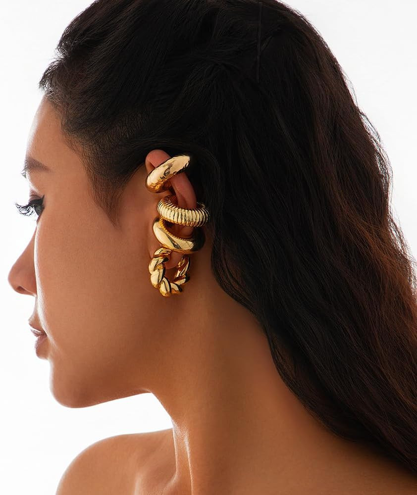 4 Pcs Chunky Ear Cuffs Non Piercing for Women, Golden C-Shaped Clip on Cartilage