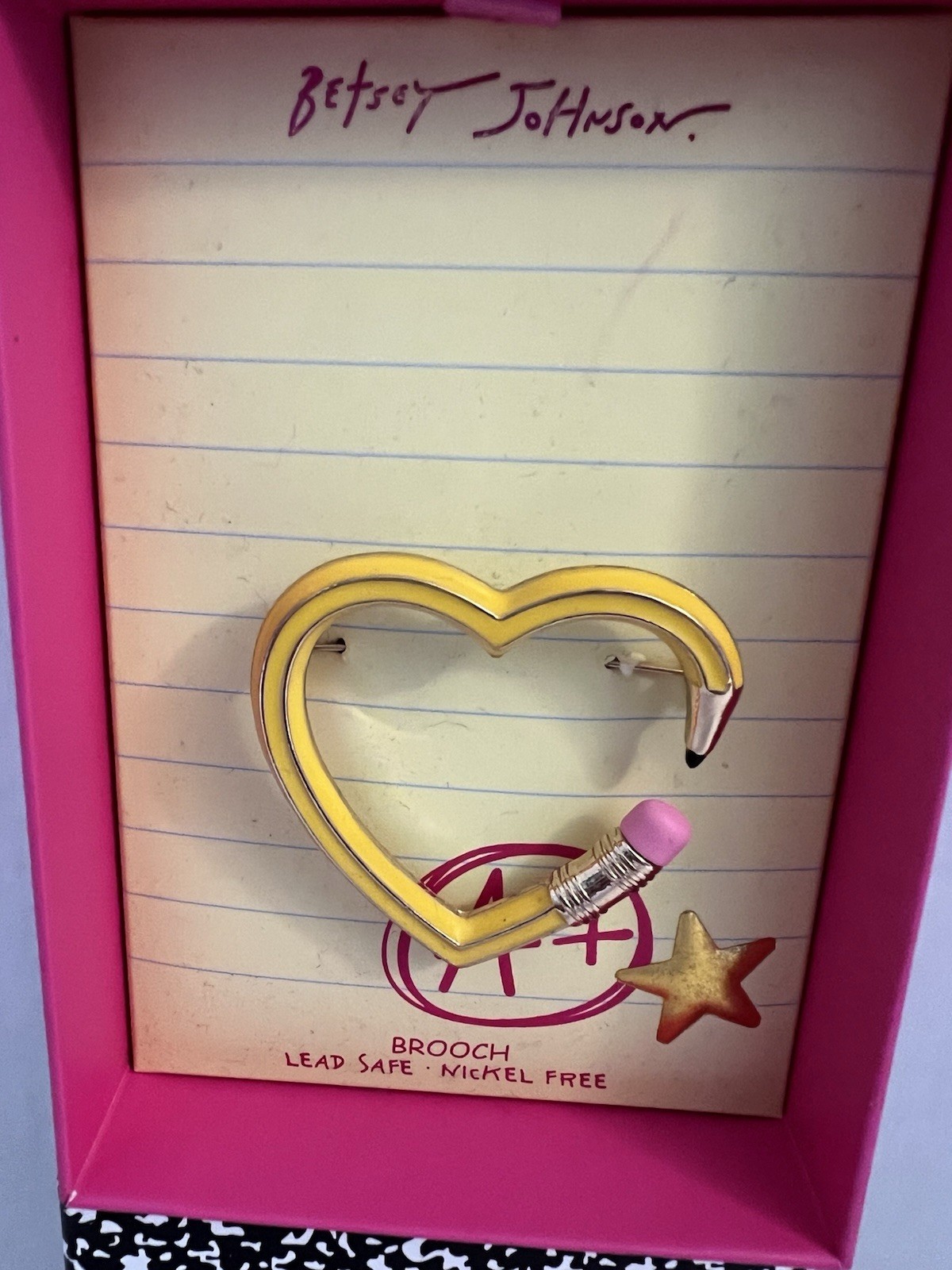 Betsey Johnson Brooch Heart Pencil Yellow With Star Accent NWT With Box