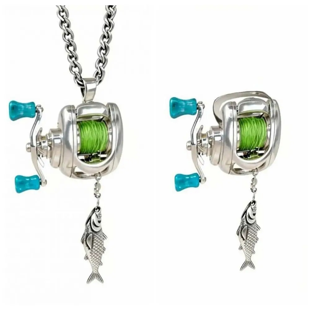 Silver Fishing Reel Necklace Mens Rotatable Detachable Pendant Unique Jewelry