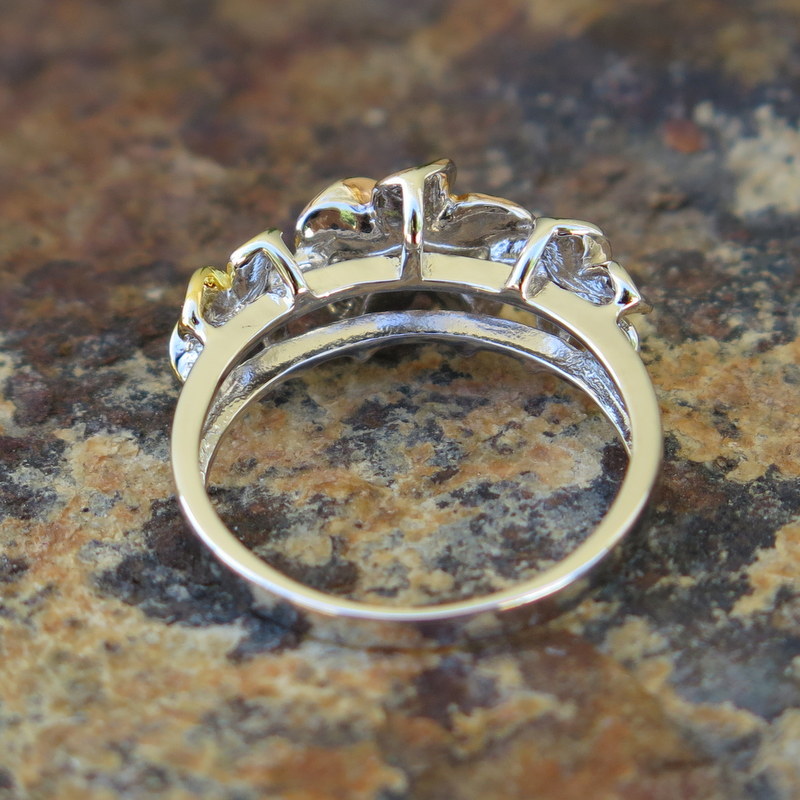 Hawaiian Silver Tricolor Gold 3 Plumeria Flower CZ Wedding Ring Band 10mm SR2077