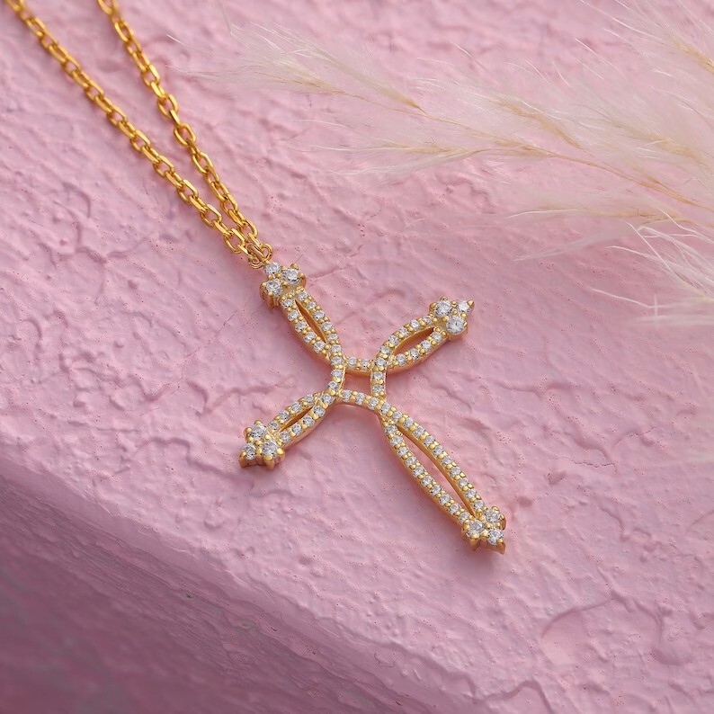 Round Cut Simulated Diamond Cross Pretty Wedding Pendant 14K Yellow Gold Plated