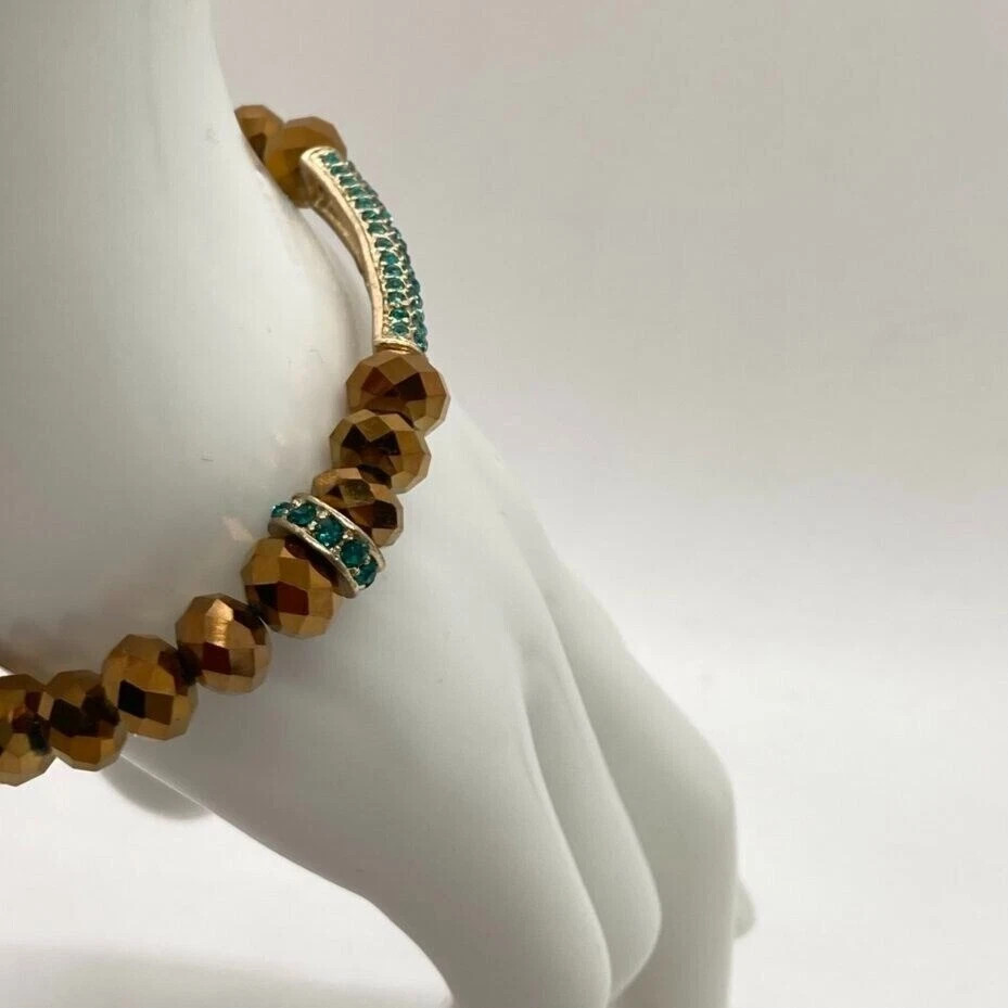 APT. 9 Gold Tone Stretch Bracelet with Faceted Beads & Green Pave Cross Charm
