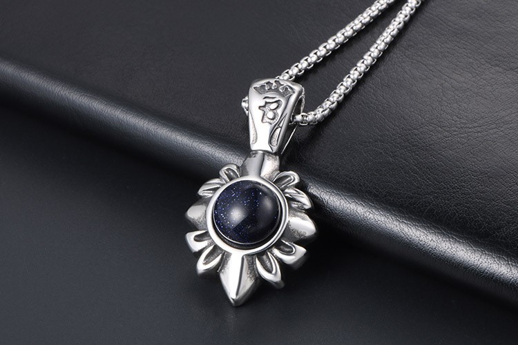Sunburst Blue Sandstone Crystal Starry Stone 20-inch Stainless Steel Necklace