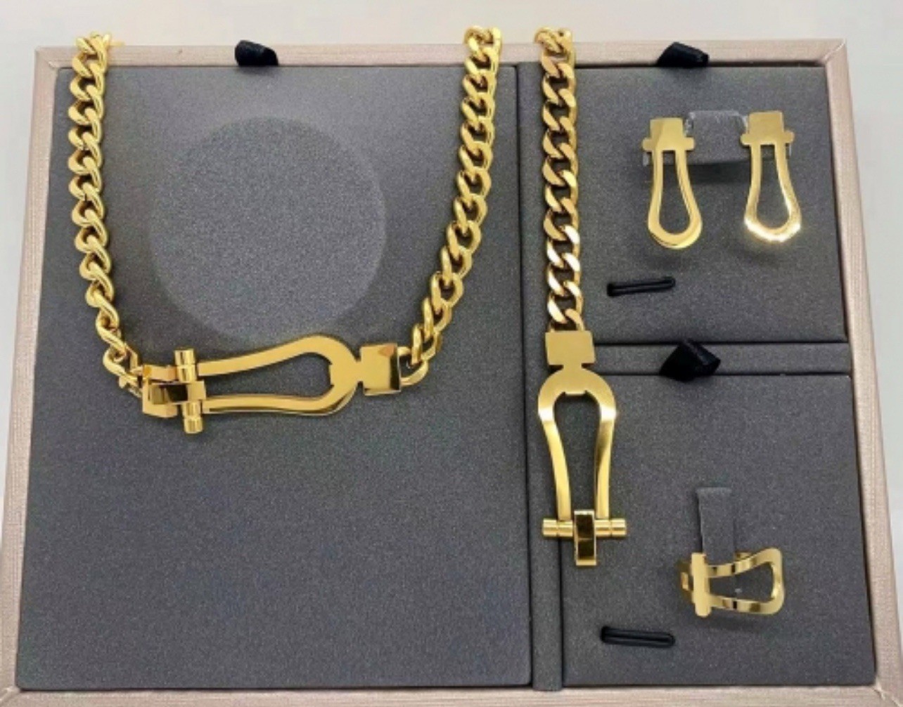 Stainless steel Gold Tone Jewelry Set Chain Necklace, Matching Earrings & Ring