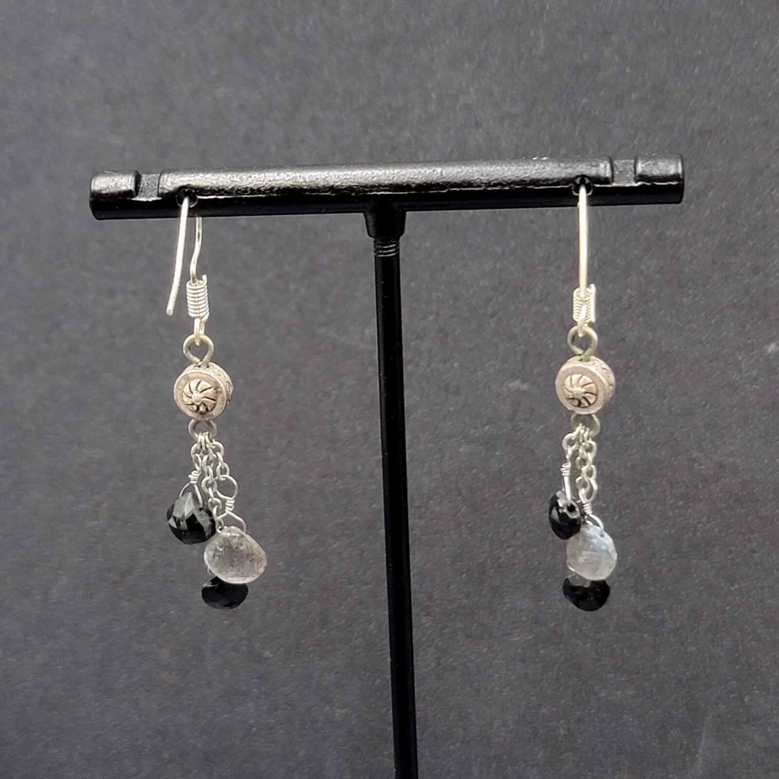 Pierced Earrings Silver tone Black Gray Stones on Dangle Chains 1.25″