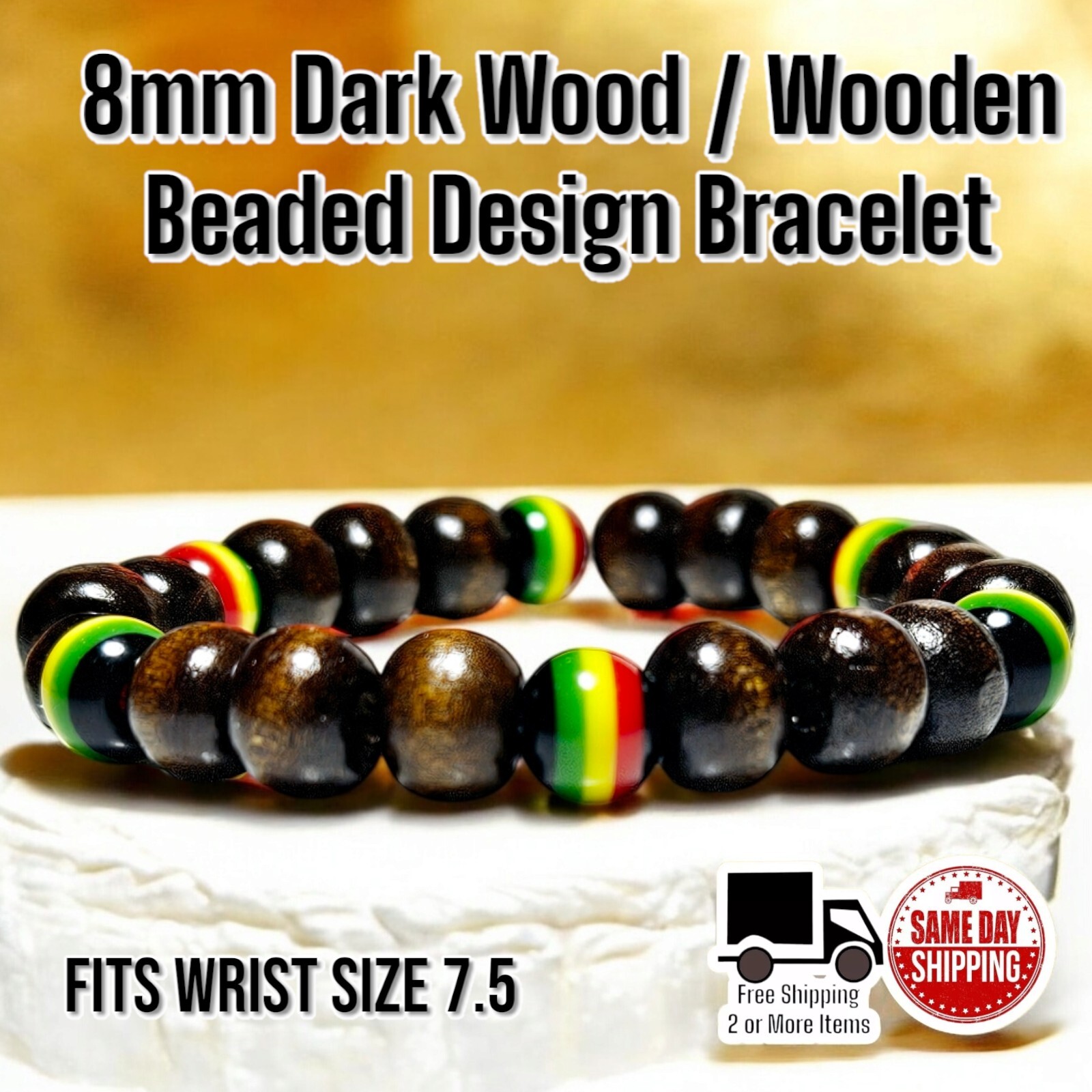 Dark Brown Wood w/ Rasta Beads Simple Design 8mm Beaded Bracelet Wrist Size 7.5