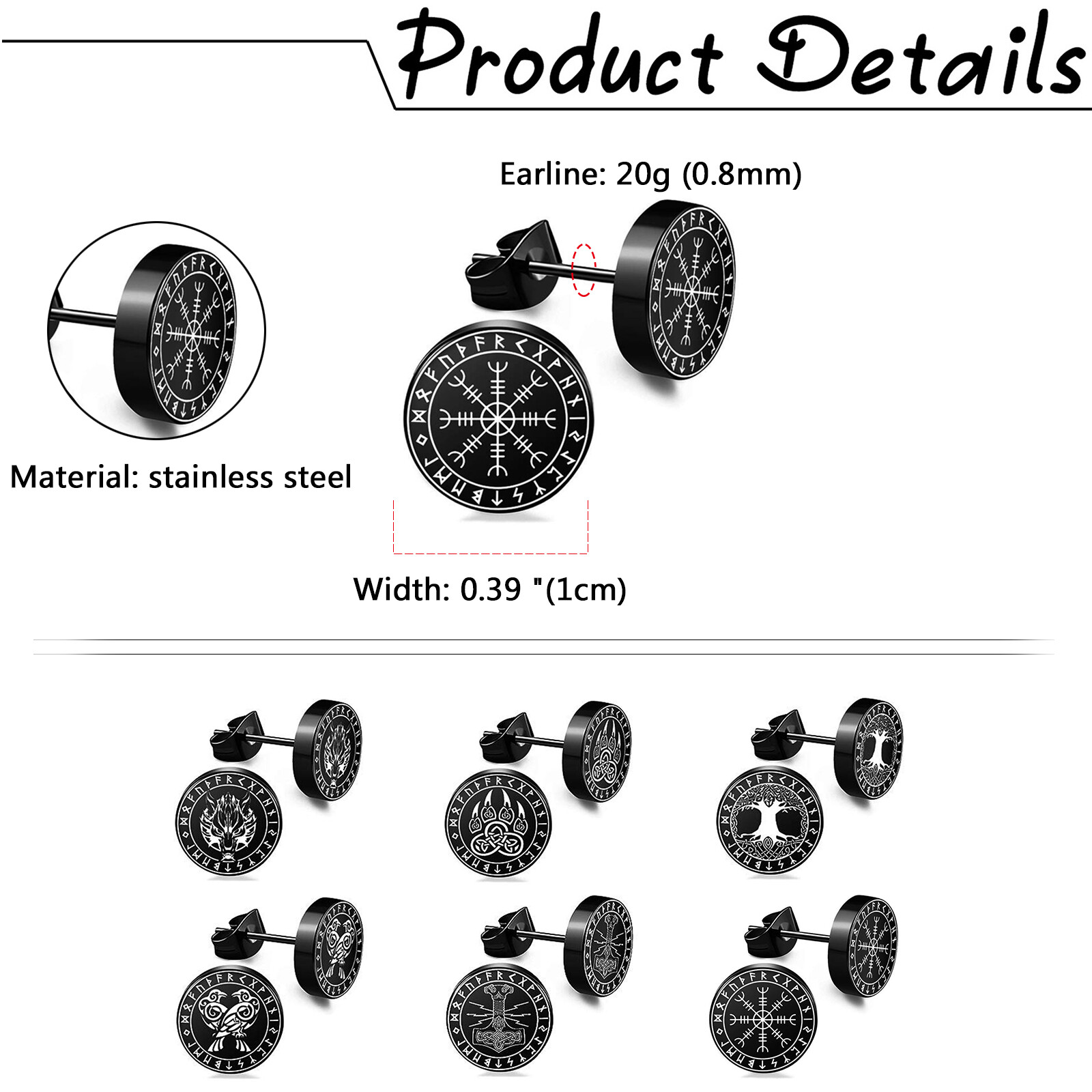 12pcs Mens Nordic Viking Rune Round Black Earrings Set Stainless Steel Ear Studs