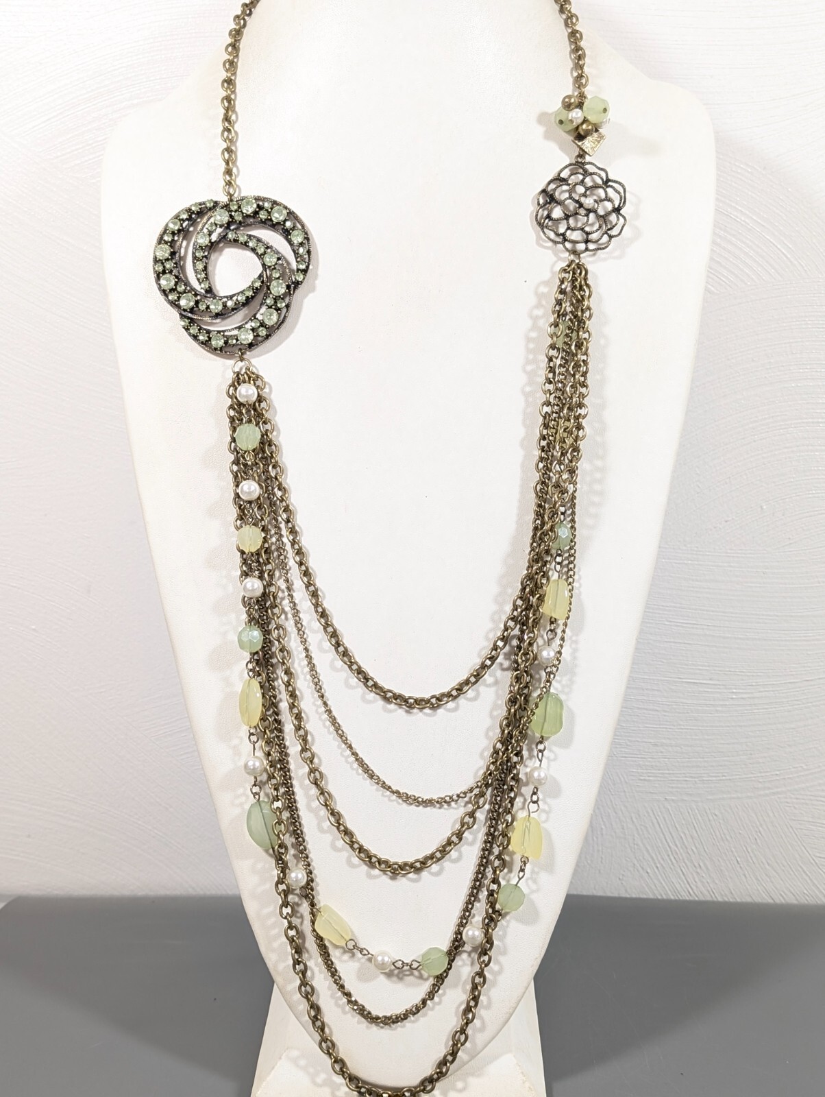 MJ Bronze Tone Green Rhinestone Knot Flower layered Chain Long necklace 32 in