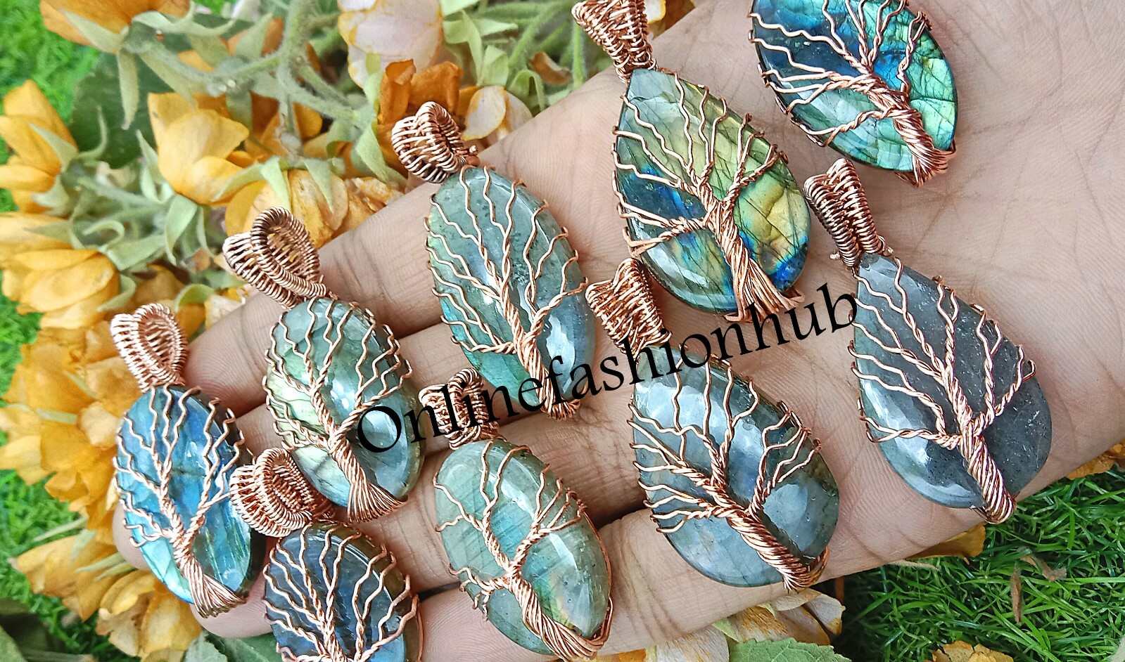 Flashy Labradorite Tree Of Life Pendants Lot Handmade Copper Wire 5Pcs Pendants