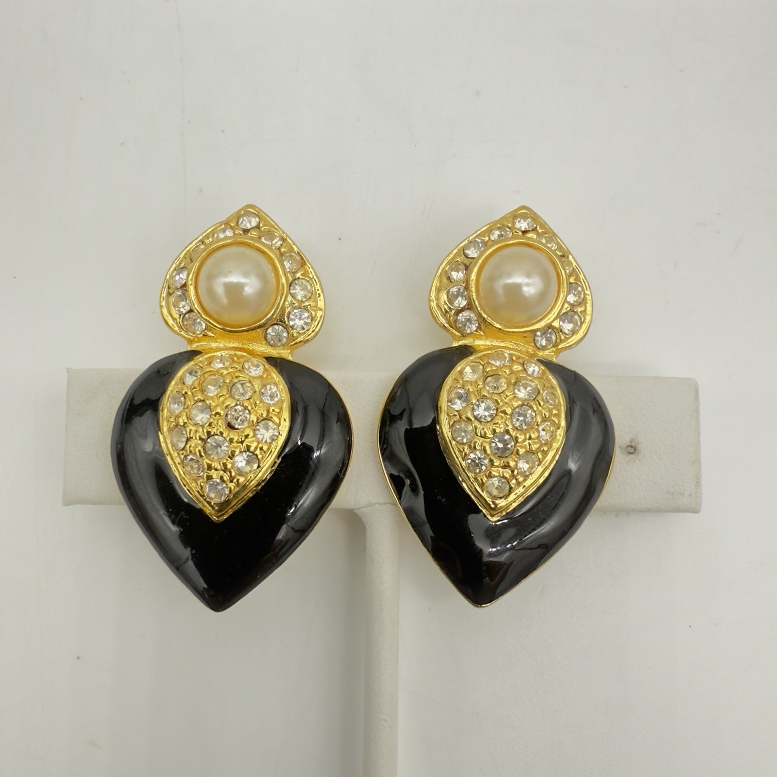 Vtg Pave Rhinestone Heart Earrings Faux Pearl Black Enamel Unsigned Designer