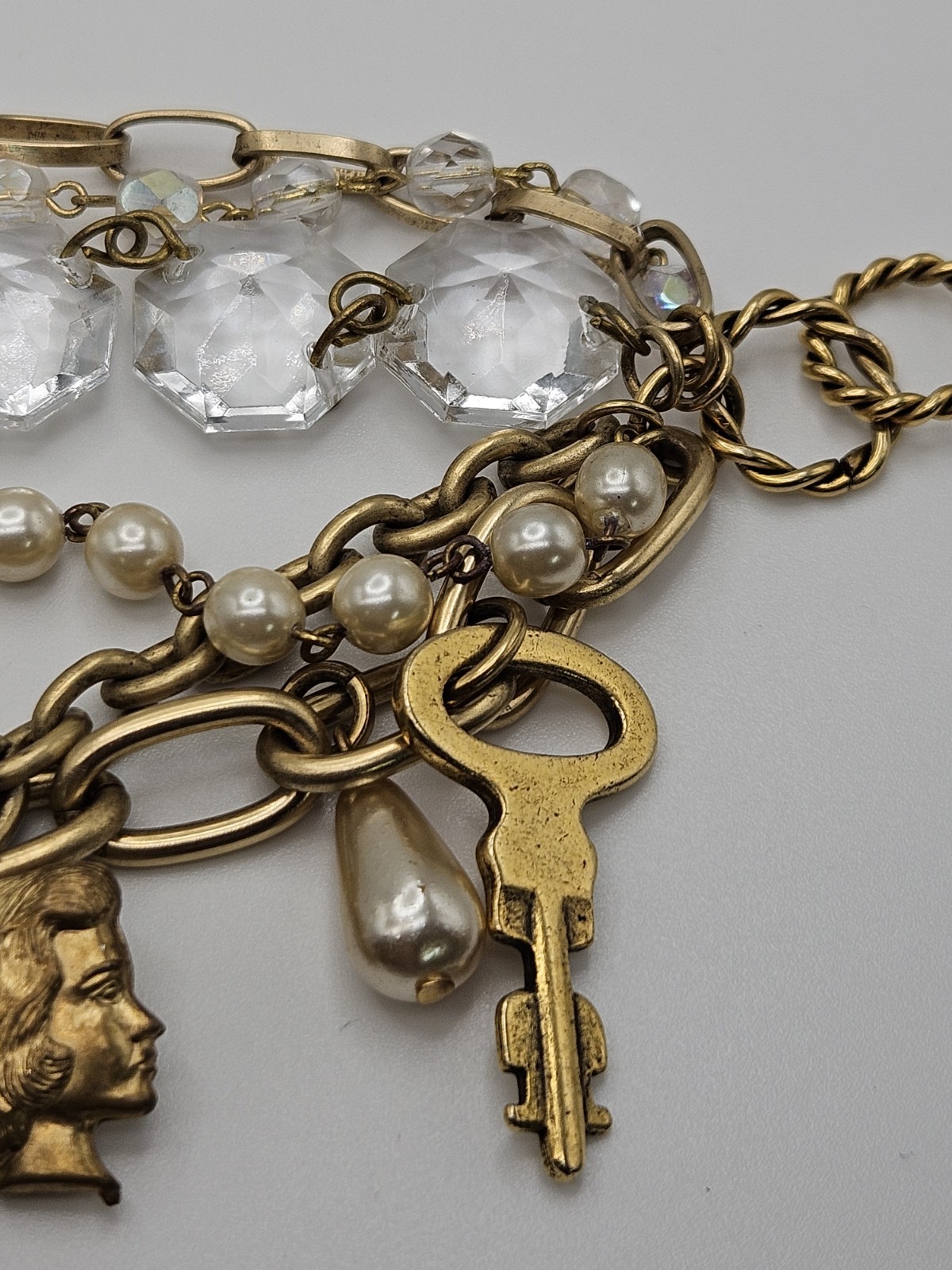 John Wind Chunky Charm Bracelet Multi Strand Faux Pearl Clear Crystal Art Glass
