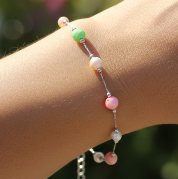 Boho Silver Tone Beaded Bracelet with Pearl and Colorful Tourmaline Stone Charms