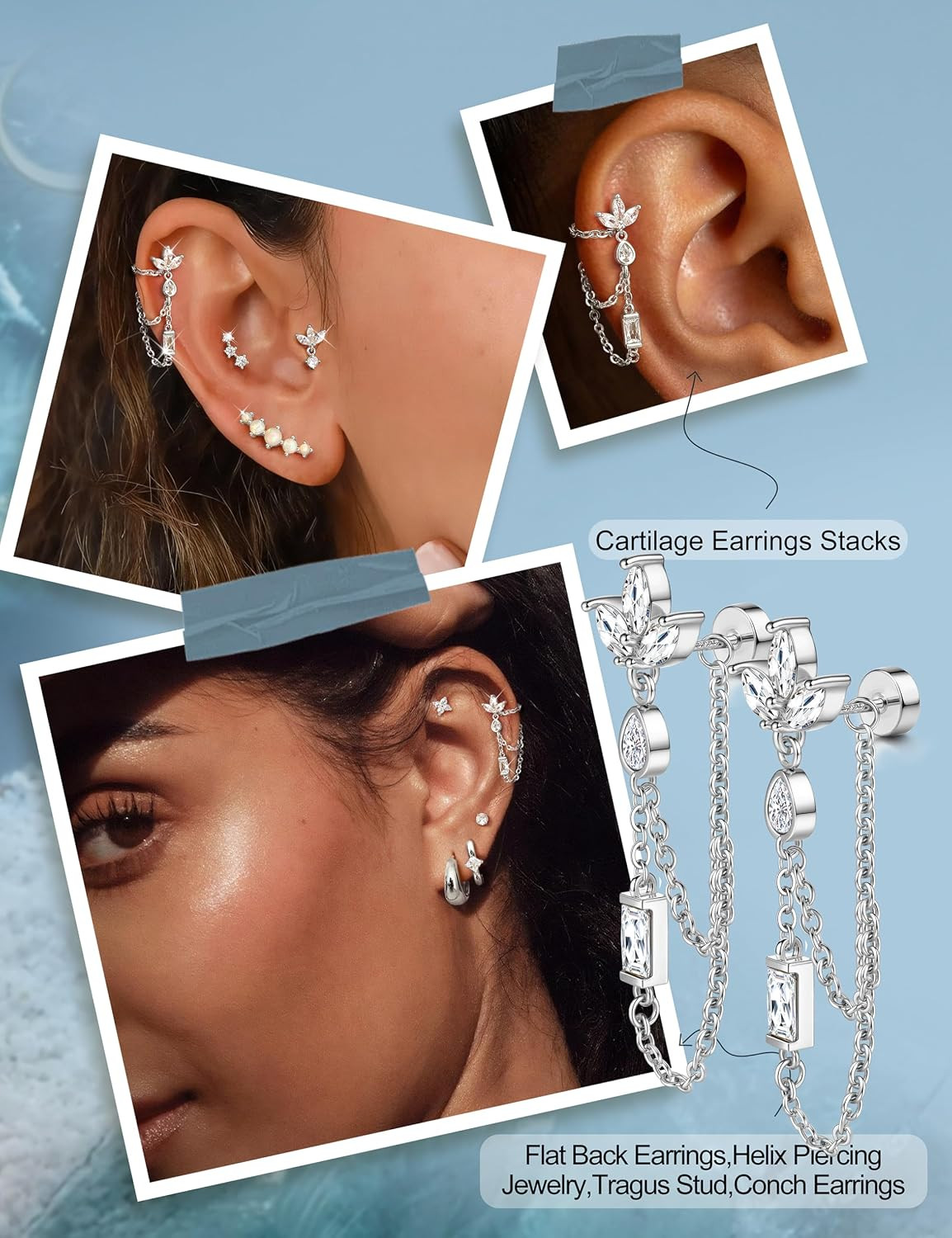 Hypoallergenic Cartilage Earrings for Women Flat Back-925 Sterling Silver Post S