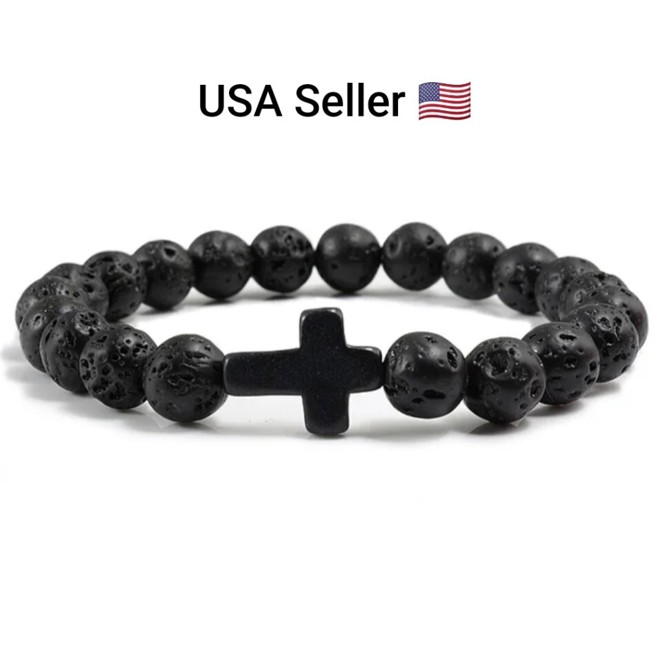 Charm Natural Stone Bracelet Cross Black Lava Matte 8m Beaded Bracelets Handmade