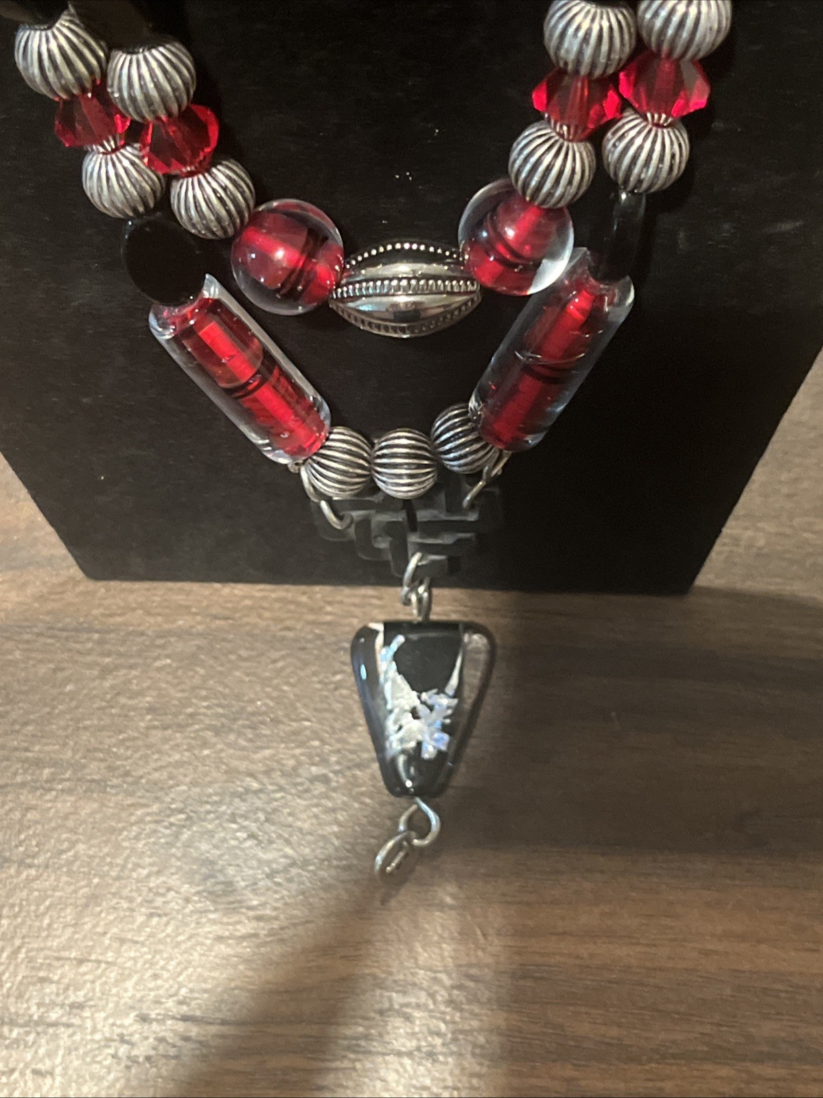 925 Sterling Silver Barbie Koncher necklace Red Black Murano Glass Layered Vtg