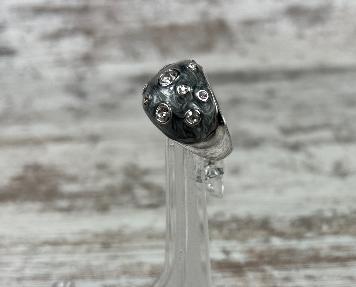 Lia Sophia Panache Ring Size 10 Silver Black Gray Swirls Rhinestones Dramatic!