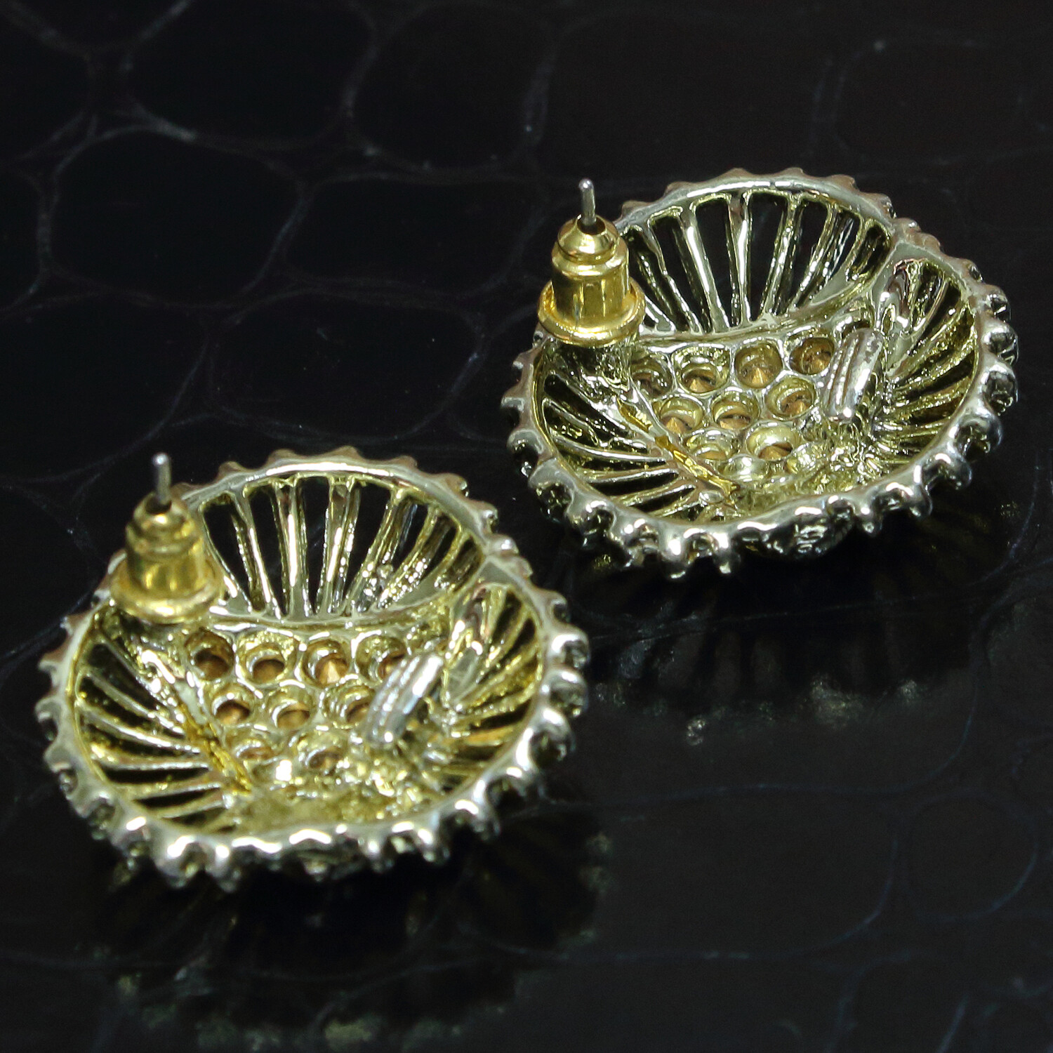 Sparkling Crystal Pave Earrings Round GP Open Work Settings 1″ with Post Backs