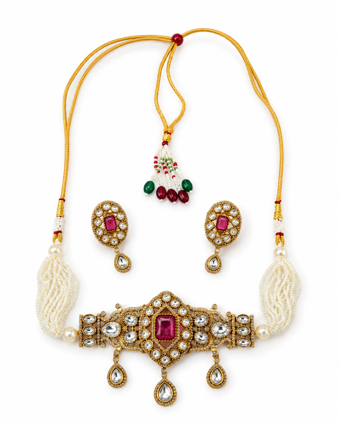 Red Stone Kundan Necklace Set Pearl Wedding Jewelry Gift for Women 137