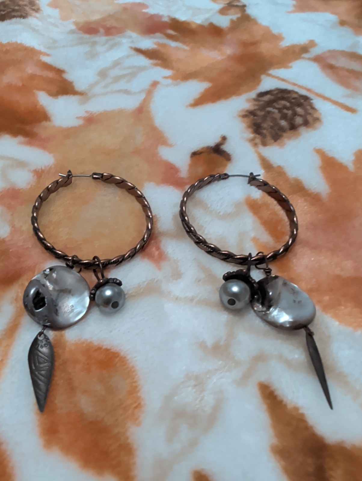 Copper Tone Beaded Hoop Metal Earrings Round Statement Hook Dangle Lobe 2″
