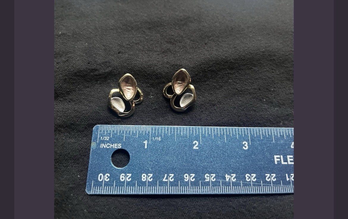 Gold Tone Pink White Inlay Stud Earrings Butterfly Back Lobe Metal Pair