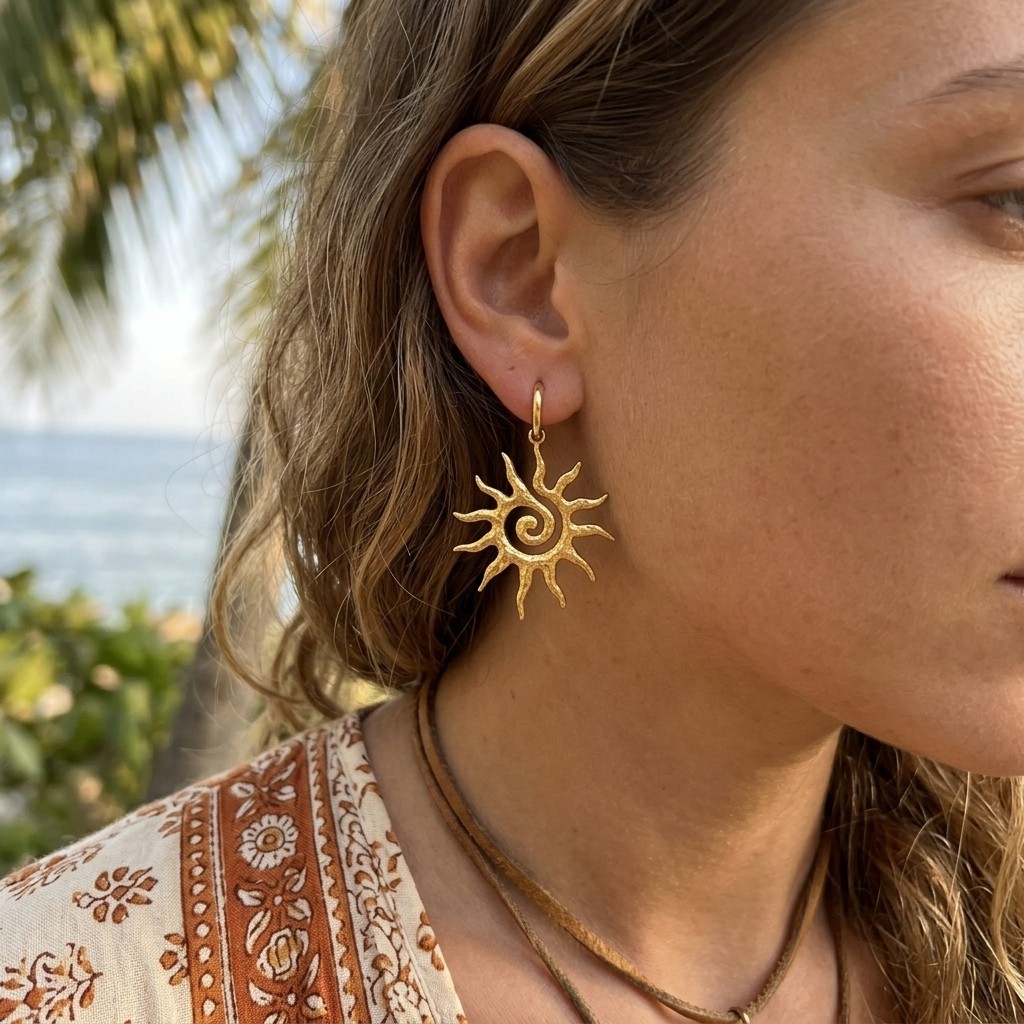 1 Pair Sun Spiral Hoop Drop Earrings Gold Tone Bohemian Dangle Earrings