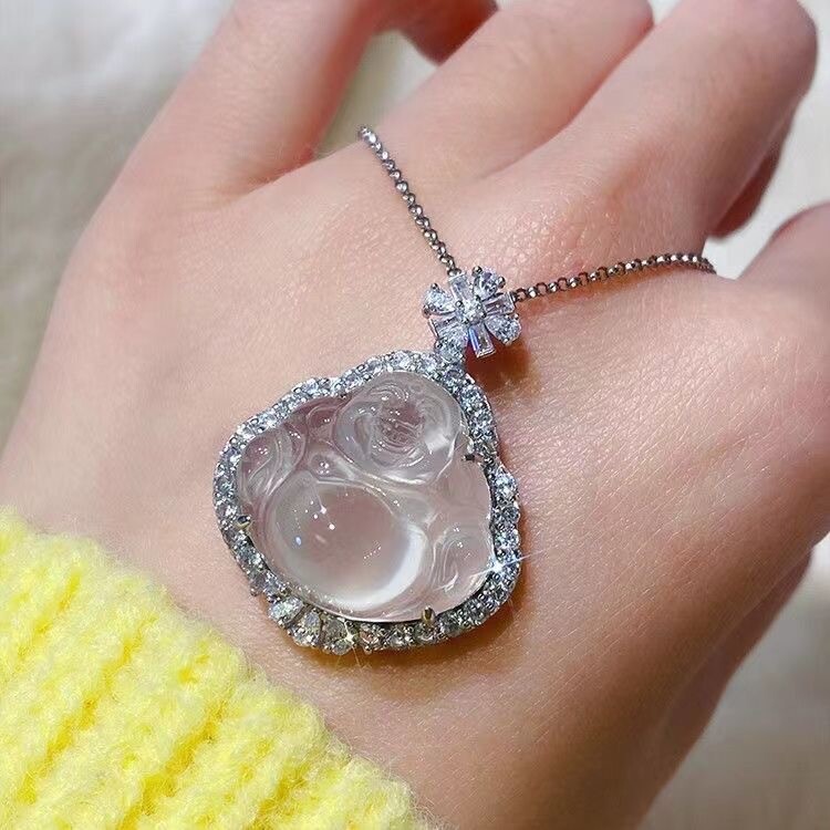 Exquisite Ice A-Grade Natural White Jade Buddha Pendant with S925 Silver
