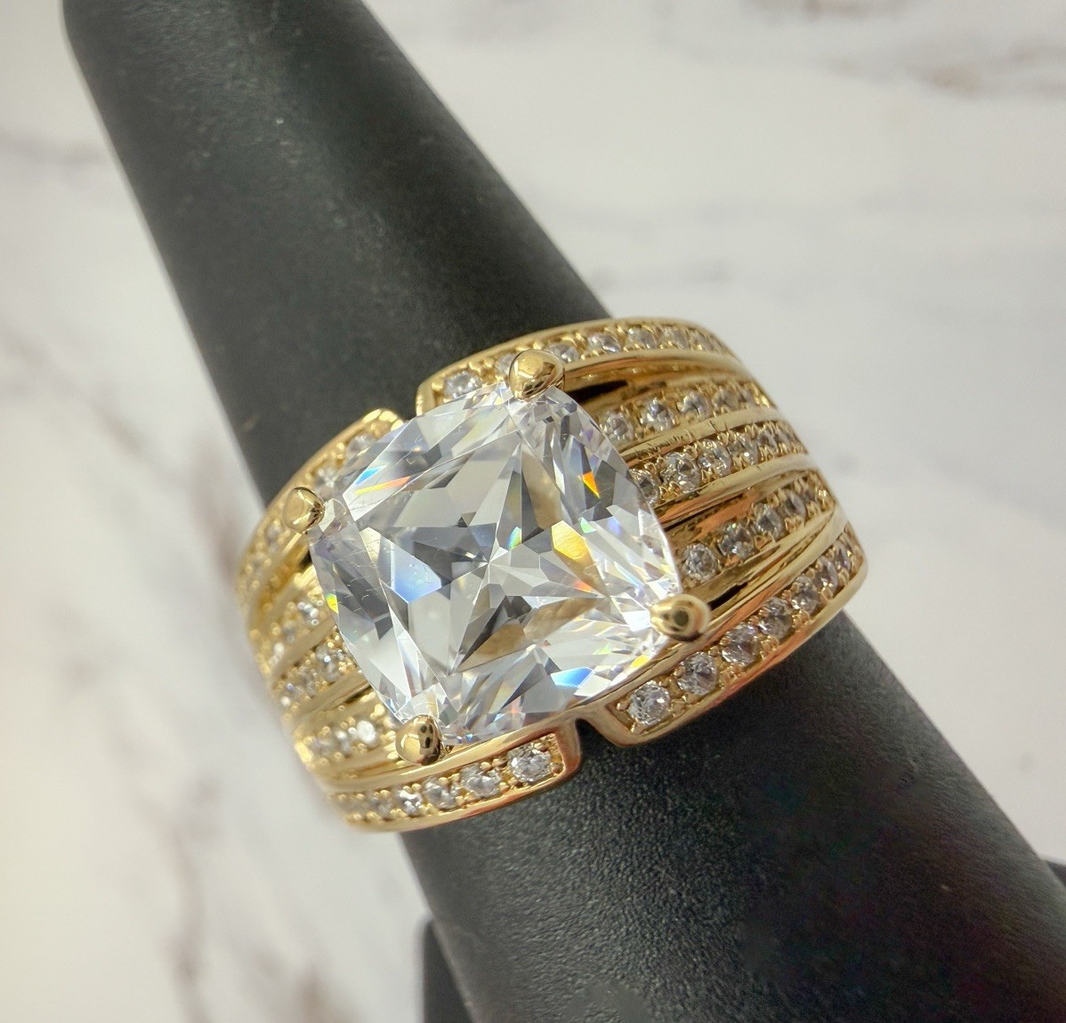Diamonique 14K Gold Plated 925 Sterling Silver Cushion Multi-Row Band Ring Sz 8