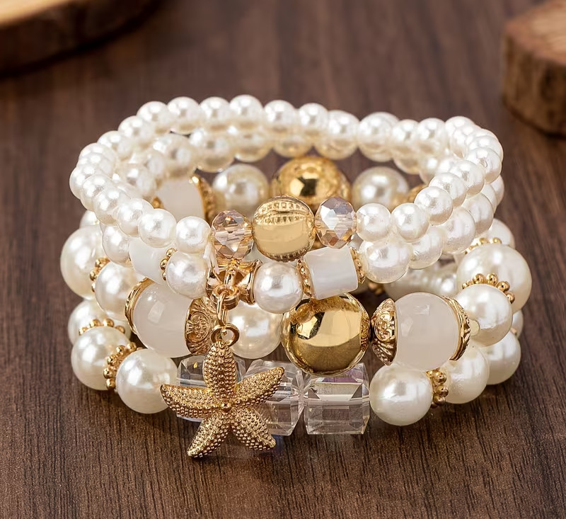 Set of 4 Imitation Crystal and Pearl Beaded Elastic Bracelets 7-8 inch