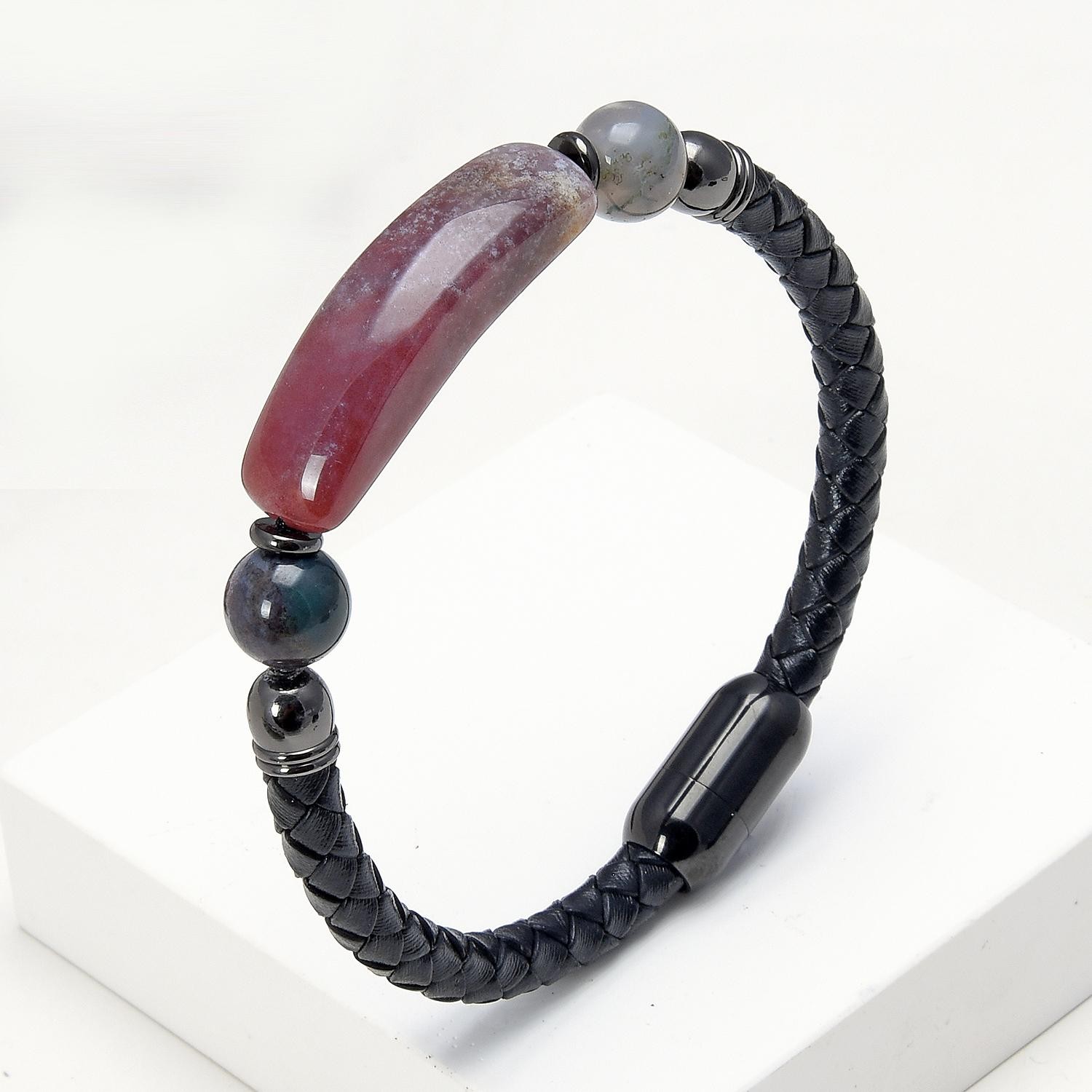 Women’s Stone Bead Leather Bracelet Stainless Steel Buckle Jewelry