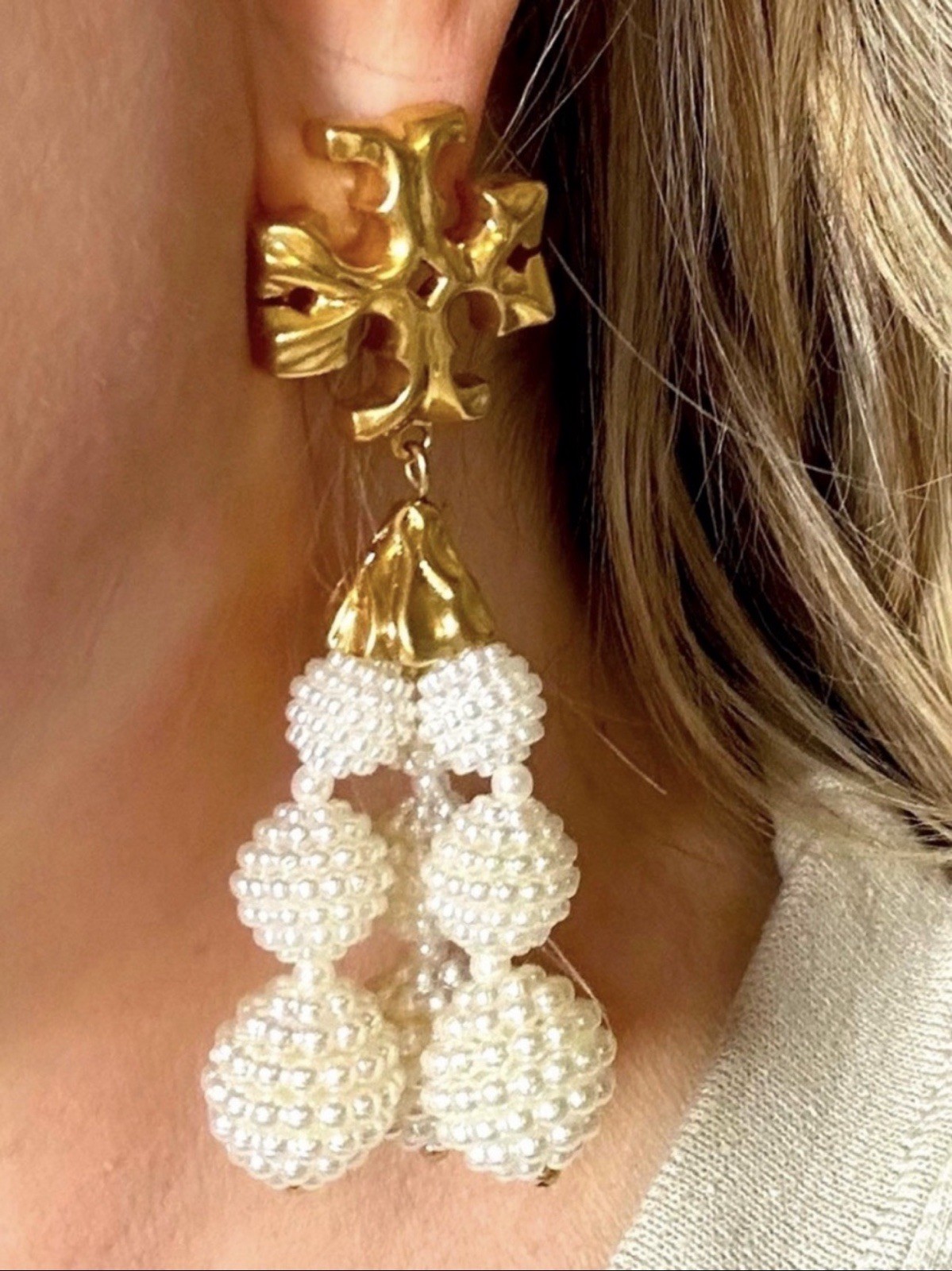 Tory Burch Gold Tone & White Pearl Cluster Drop Earrings